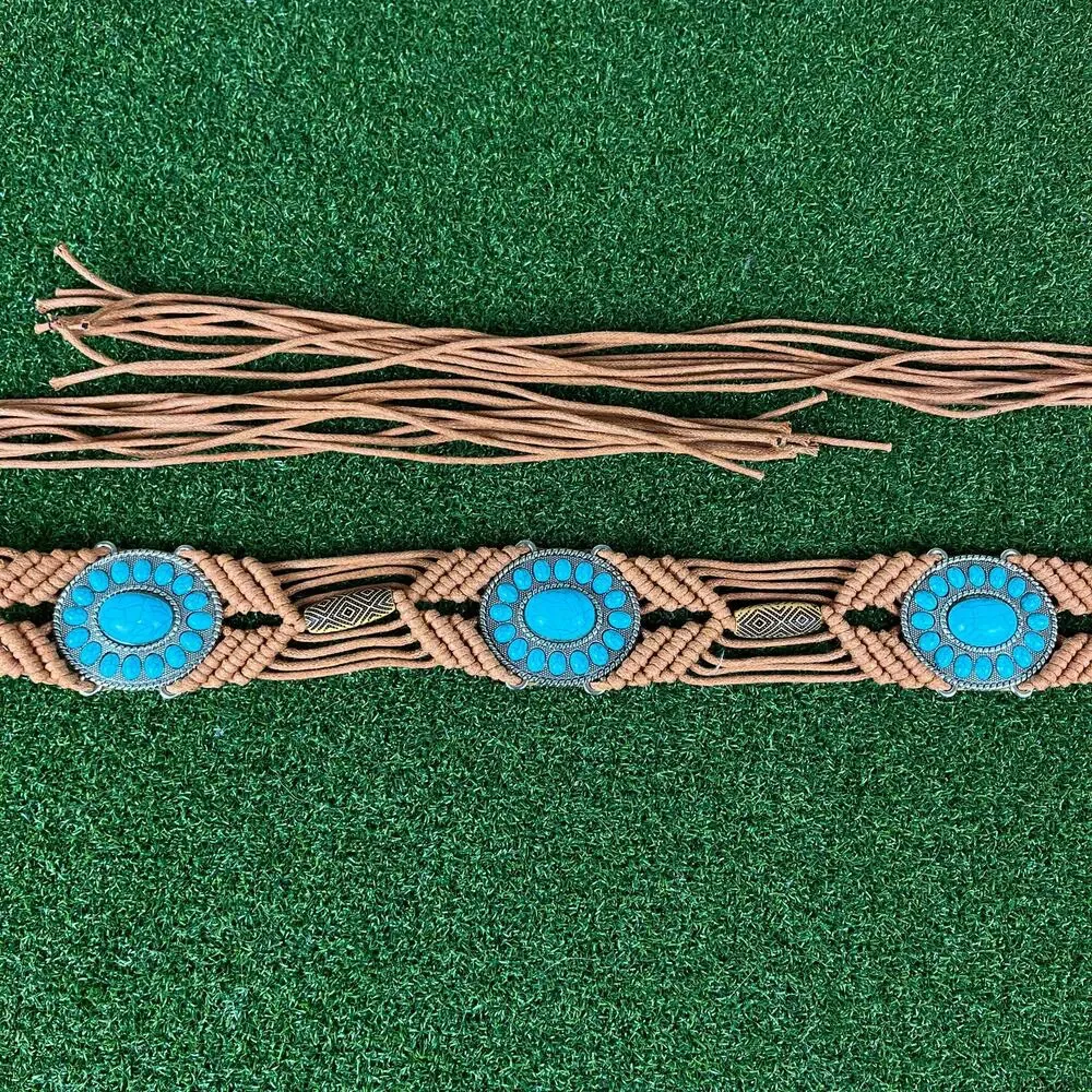 Boho Macrame Belt Turquoise Concho Brown Cord Western Southwestern Fringe 70